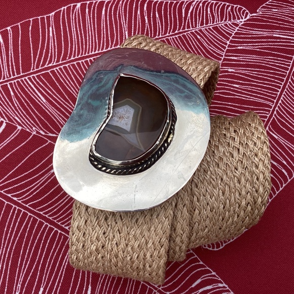 Boho Woven Raffia Silver Brown Agate Stone Belt main image 7